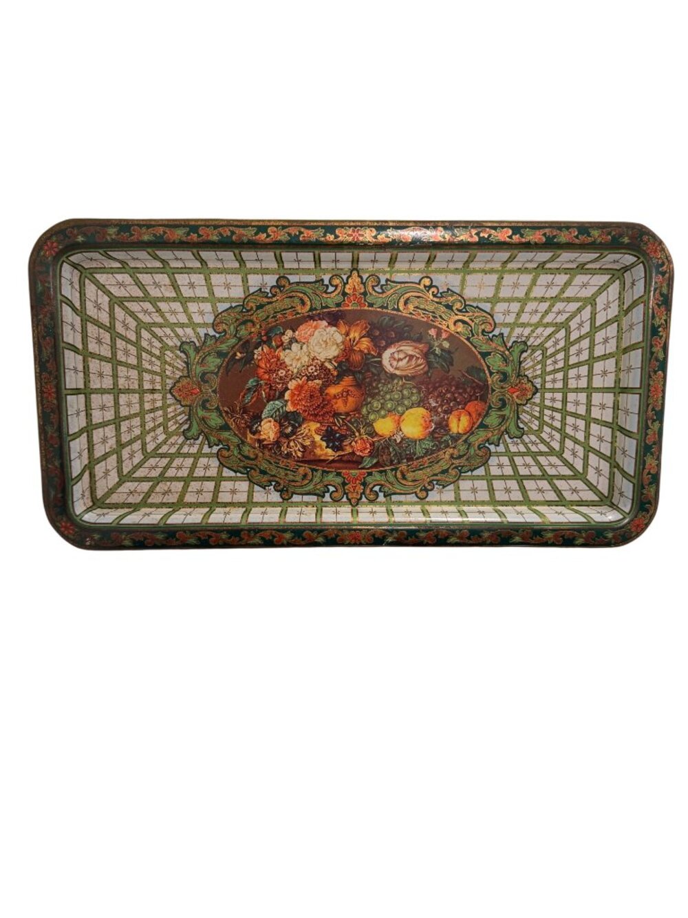 Vintage Daher Decorated Ware Floral & Fruit Tin Tray Gold Trim Serving Platter M